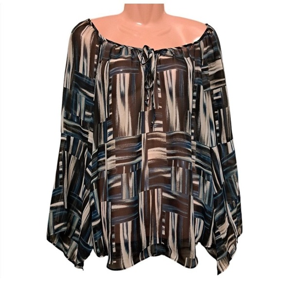 AB Studio Women's Blouse‎ Size XL Green/Black Sheer Bell Sleeves - Picture 1 of 11